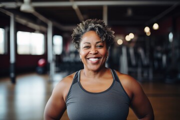 Fototapeta premium Smiling portrait of a middle aged slightly overweight woman in gym