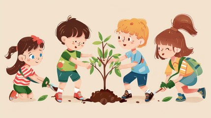 Happy Children Planting a Tree Together.