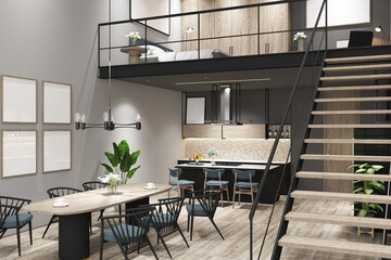 3d render of illustration design minimal interior loft, bedroom above with frames mock up. Light oak parquet, light gray wall and gray ceiling. Set 2