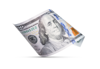 One Hundred Dollar Bill Floating Down To Surface with Drop Shadow Isolated. Transparent PNG.