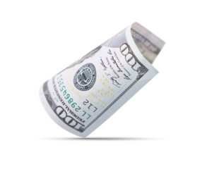 One Hundred Dollar Bill Floating Down To Surface with Drop Shadow Isolated. Transparent PNG.