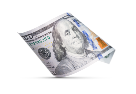 One Hundred Dollar Bill Floating Down To Surface with Drop Shadow Isolated. Transparent PNG.