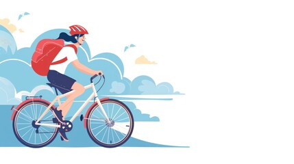 Obraz premium Woman riding a bicycle with a red backpack.