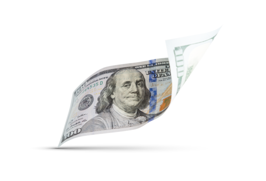 One Hundred Dollar Bill Floating Down To Surface with Drop Shadow Isolated. Transparent PNG.