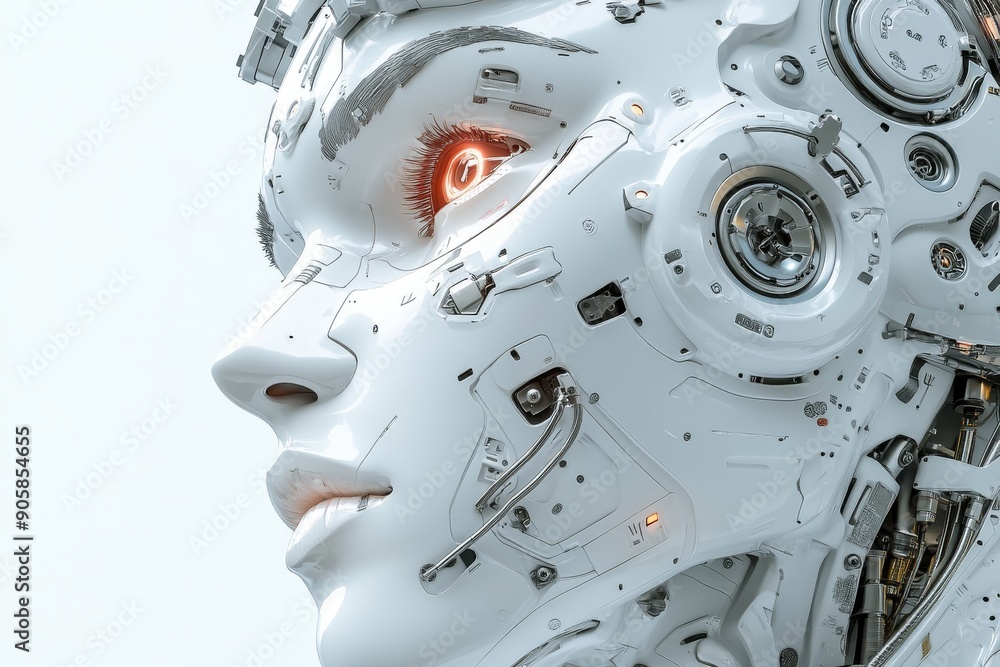Poster close-up of a white robotic head with glowing red eyes representing the blend of advanced technology