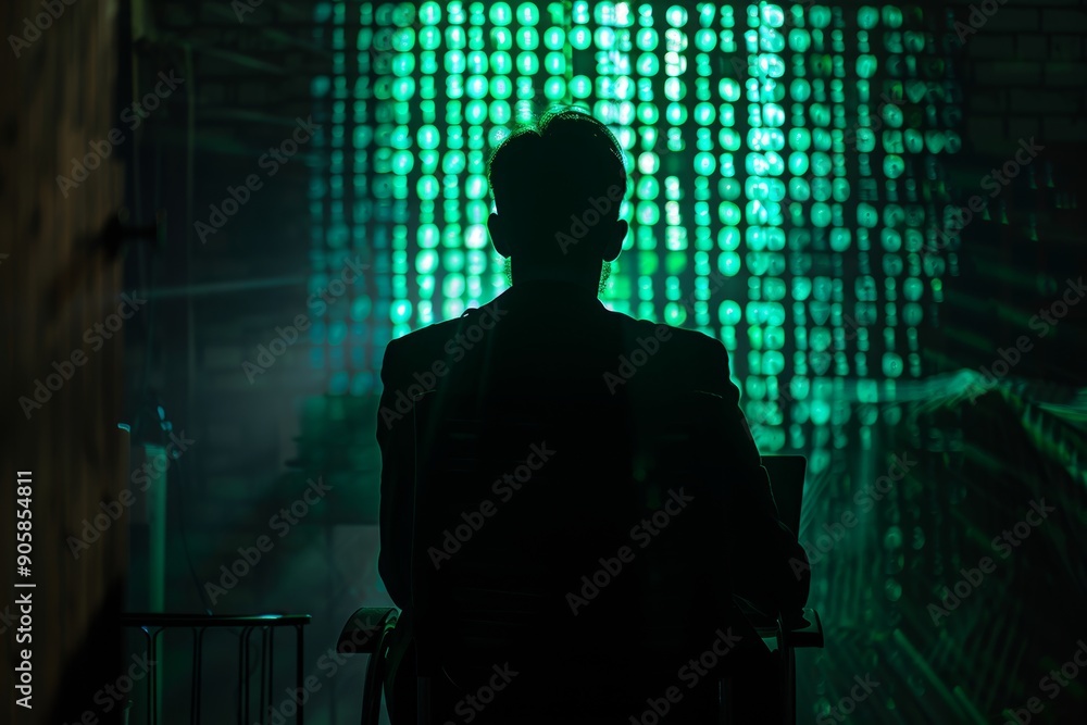 Poster silhouette of programmer working late in office, cybersecurity code on laptop screen