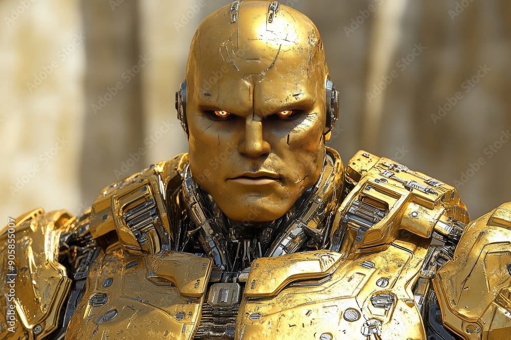 Poster golden humanoid robot with intricate mechanical details symbolizing the craftsmanship luxury and adv