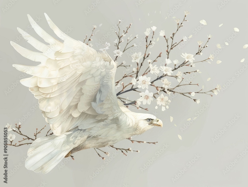 Poster minimal ethereal of a gracefully soaring white eagle with a delicate nest of flowers and branches on