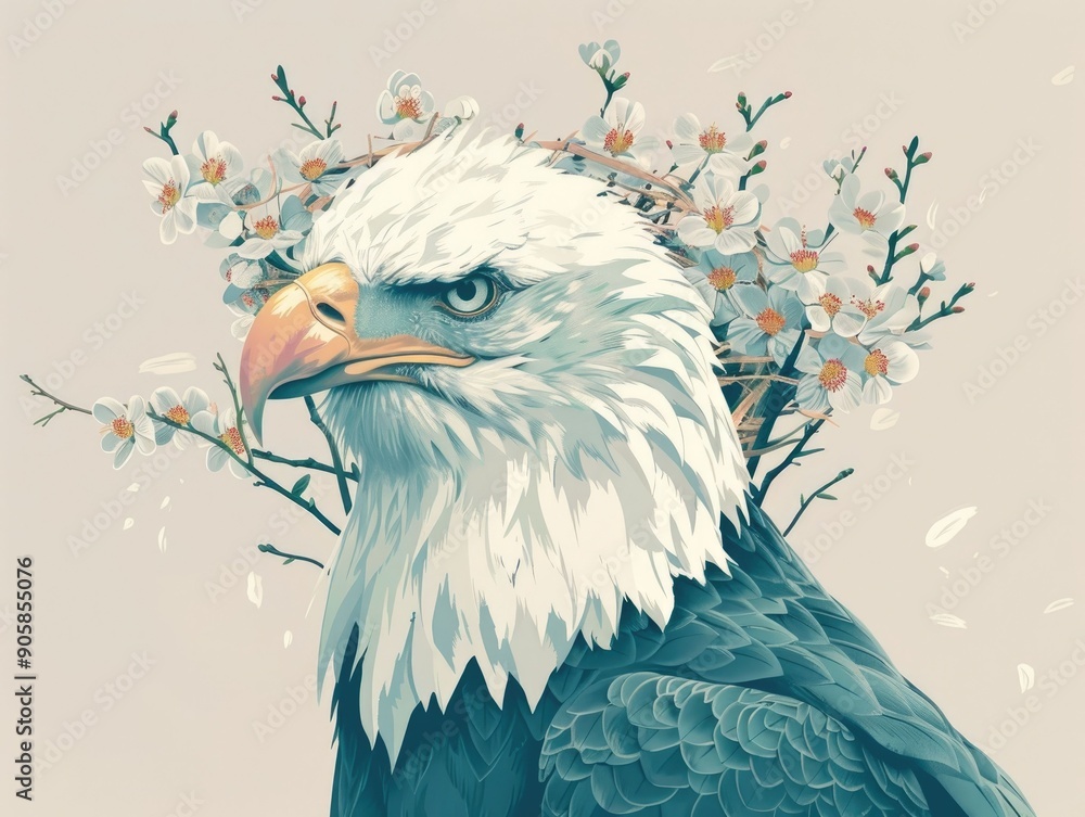Poster Elegant and minimal featuring a white eagle with a nest of delicate flowers and branches adorning its back  set against a serene  monochromatic backdrop  creating a modern  iconic