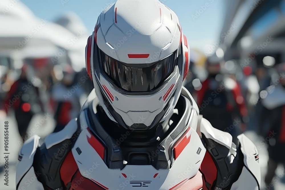 Poster Group of futuristic soldiers in advanced armor standing in formation symbolizing strength unity and the power of technology in a high-tech sci-fi military scenario.