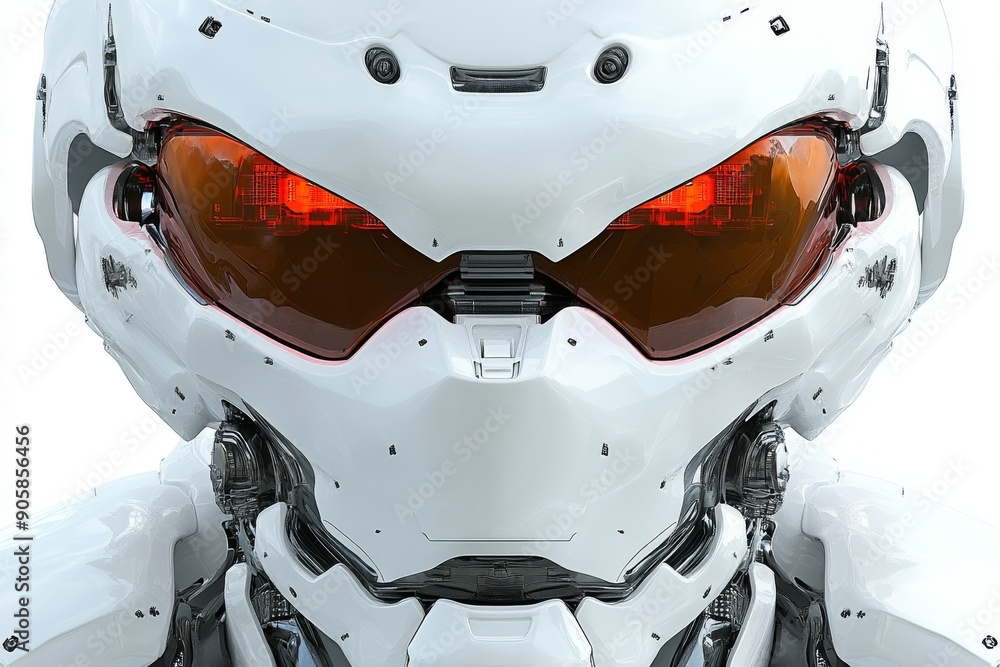 Poster close-up of a futuristic white robot helmet with a sleek design symbolizing protection advanced tech