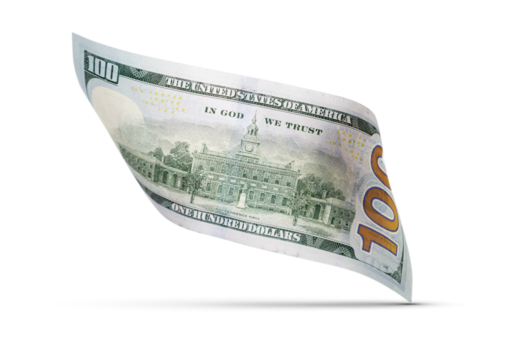 One Hundred Dollar Bill Floating Down To Surface with Drop Shadow Isolated. Transparent PNG.