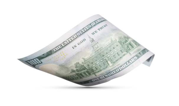 One Hundred Dollar Bill Floating Down To Surface with Drop Shadow Isolated. Transparent PNG.