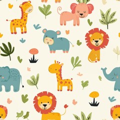 Obraz premium Seamless pattern of cute cartoon safari animals including lions, giraffes, elephants, and hippos with tropical leaves on a cream background.