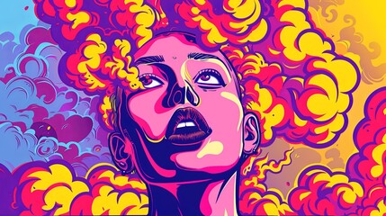 Woman Surrounded by Colorful Clouds