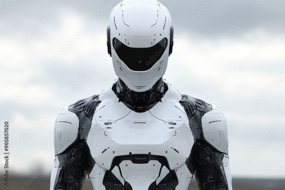 Poster futuristic black and white robot standing outdoors symbolizing the integration of robotics into ever