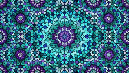 Obraz premium Geometric mosaic pattern wallpaper in jewel tones of emerald green, sapphire blue, and amethyst purple