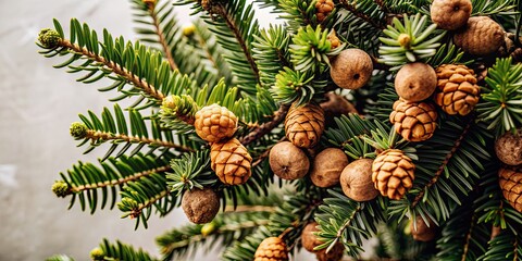 Obraz premium Evergreen Torreya tree with cones and fruit , Torreya, evergreen, tree, cones, fruit, needle-like leaves, seeds