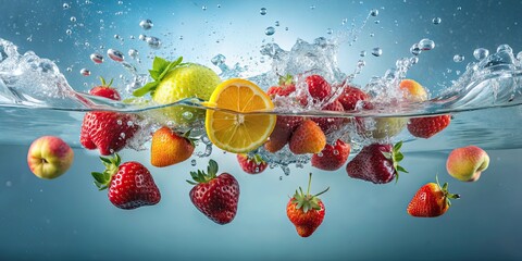 Fruit submerged in clear water , fresh, healthy, organic, floating, tropical, exotic, hydration, refreshing, natural