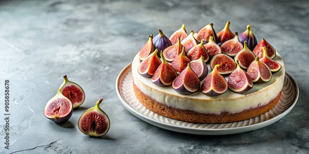 Poster Round cake covered with fresh figs on ceramic plate, cake, dessert, figs, fresh, round, ceramic, plate, sweet, baked