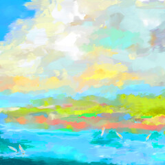 Fototapeta premium Impressionistic Vibrantly Colored Sunset or Sunrise Seascape w/5 Sailboats & Large Billowing Clouds Digital Painting, Art, Illustration, Artwork, Design