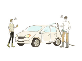 困った表情で洗車をしている男女