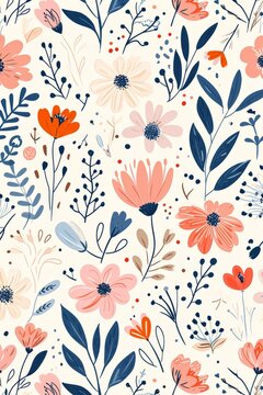 Delicate HandDrawn Floral Seamless Pattern with Pink Orange and Blue Flowers