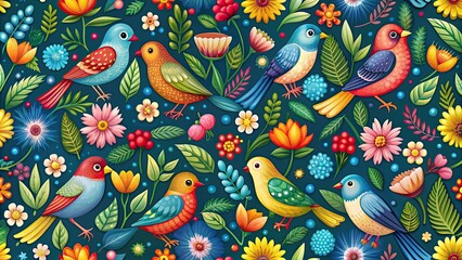 Seamless pattern featuring colorful birds and delicate flowers, pattern, seamless, birds, flowers, nature, colorful, design