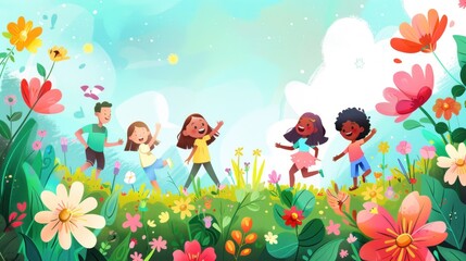Fototapeta premium Happy children playing in a field of flowers.