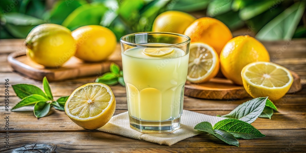 Poster refreshing lemonade with sliced lemons on table