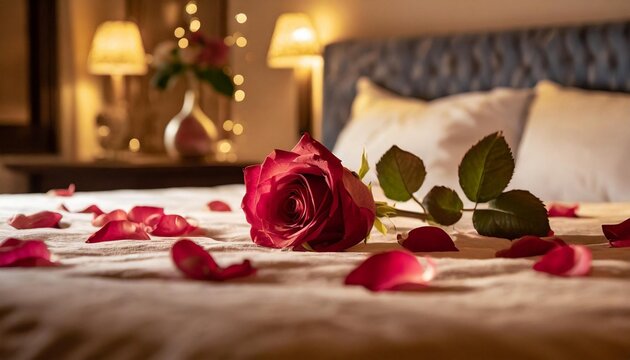 Rose on the bed in the hotel rooms. Rose and her petals on the bed for a romantic evening. Valentines day concept