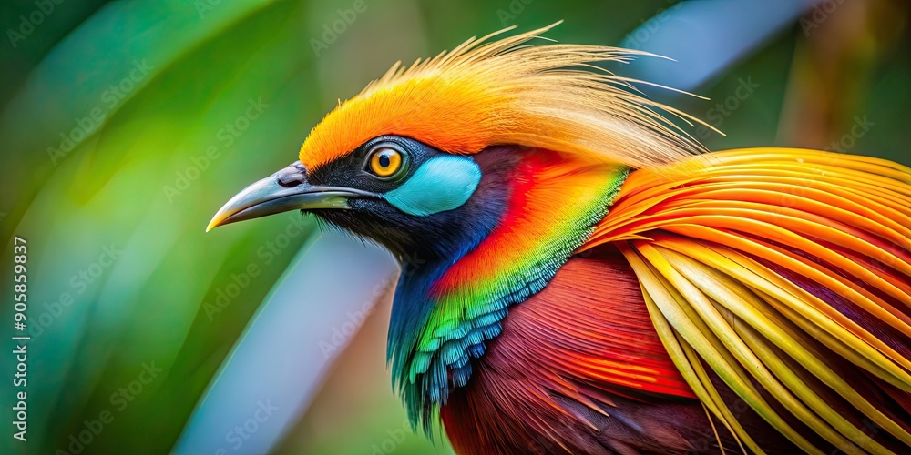 Poster Close up shot of a vibrant bird of paradise with intricate details on its feathers, tropical, exotic, wildlife