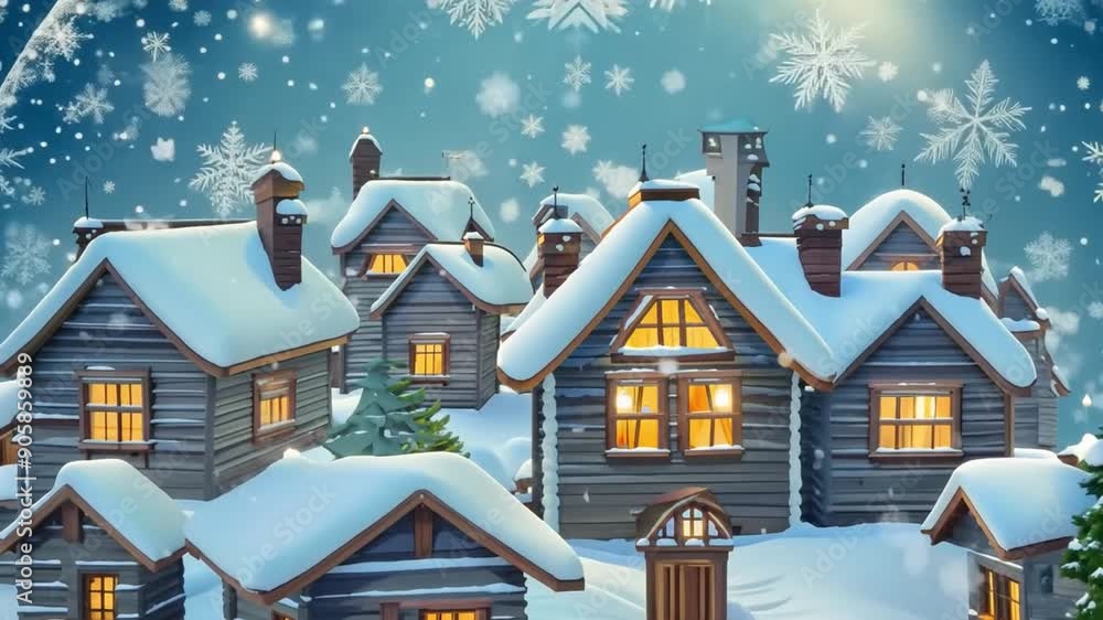 Poster Cozy wooden cabins are blanketed in snow, illuminated from within, creating a warm atmosphere against a backdrop of falling snowflakes.