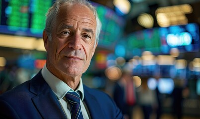 Obraz premium Professional Middle-Aged Businessman in Suit with Stock Market Screens Background