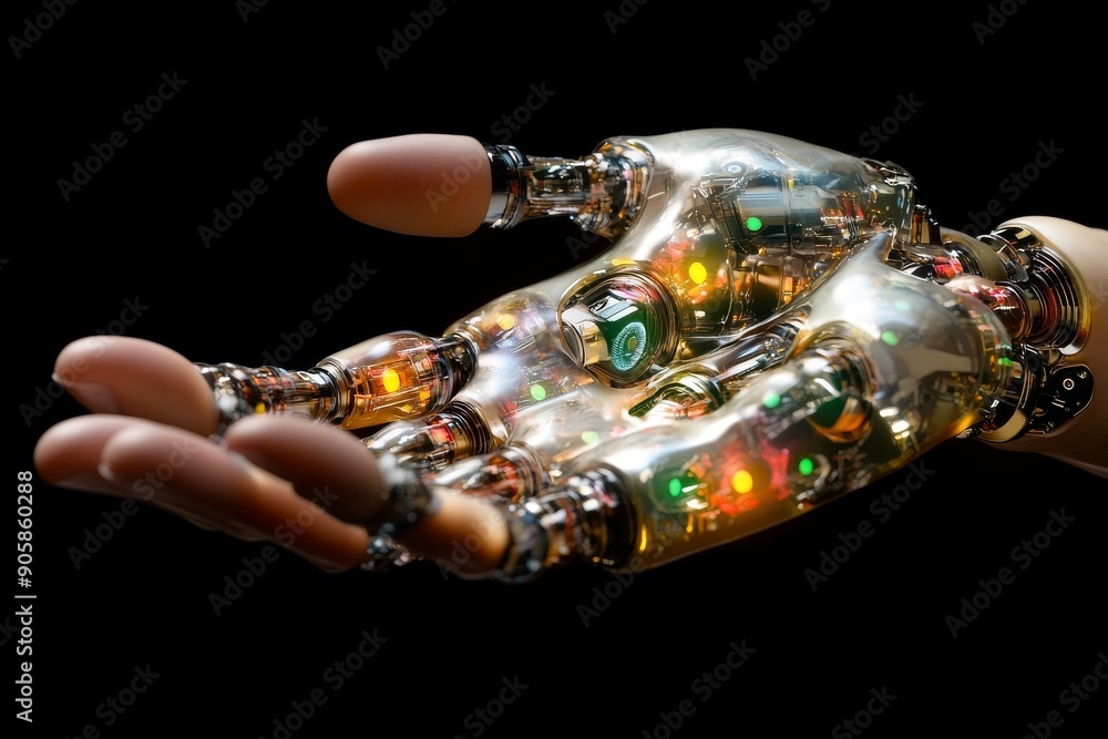 Poster robotic hand holding glowing circuitry representing the fusion of technology and organic elements in