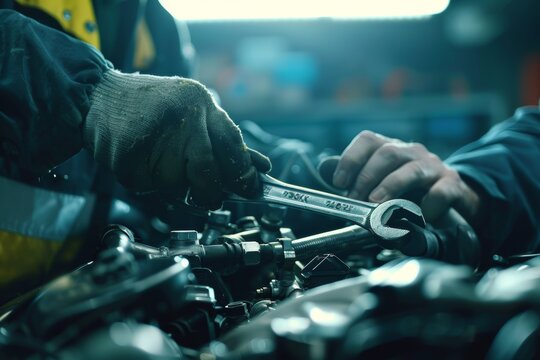 Auto mechanic repairing car engine with wrench in garage workshop for maintenance check