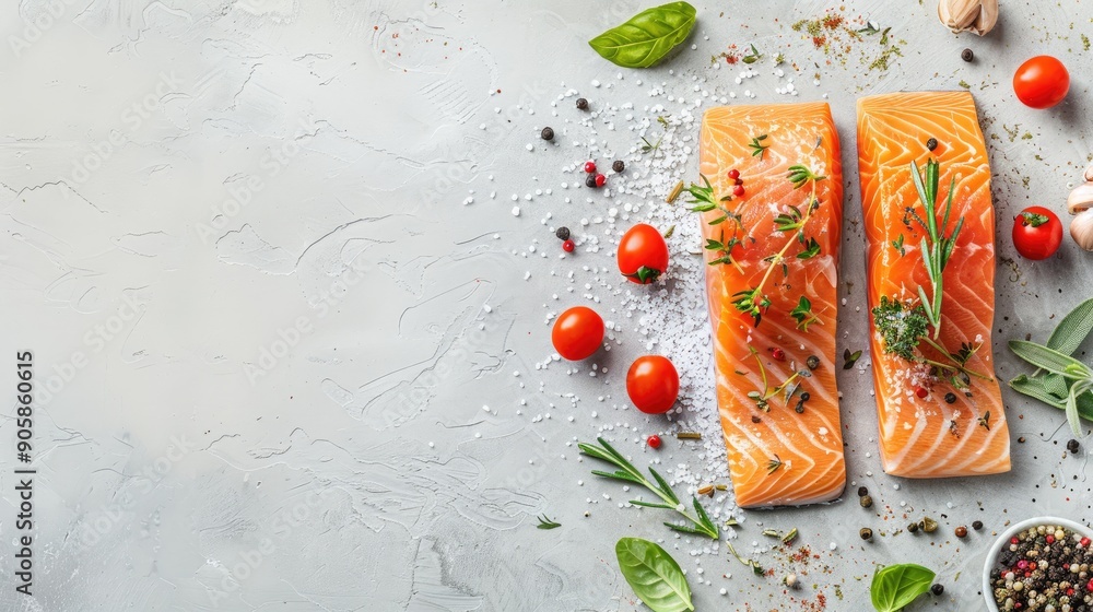 Poster fresh salmon with herbs and spices on textured background for diet and cooking concept top view with