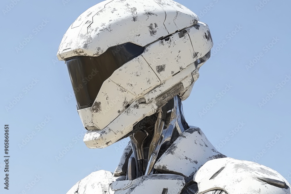 Poster humanoid robot with a sleek white helmet symbolizing the integration of robotics into everyday life 