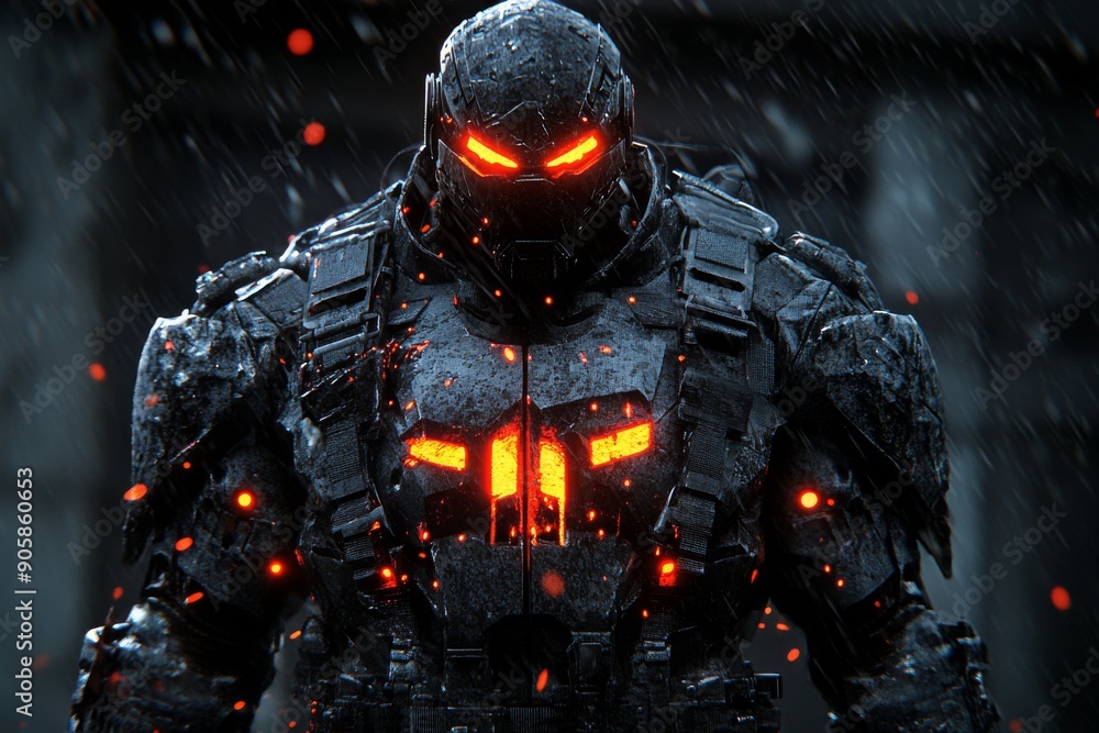 Poster powerful robotic figure with glowing orange core symbolizing strength energy and the cutting-edge te