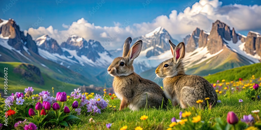 Canvas Prints pair of rabbits in lush green grass, surrounded by colorful flowers with majestic mountains in the b