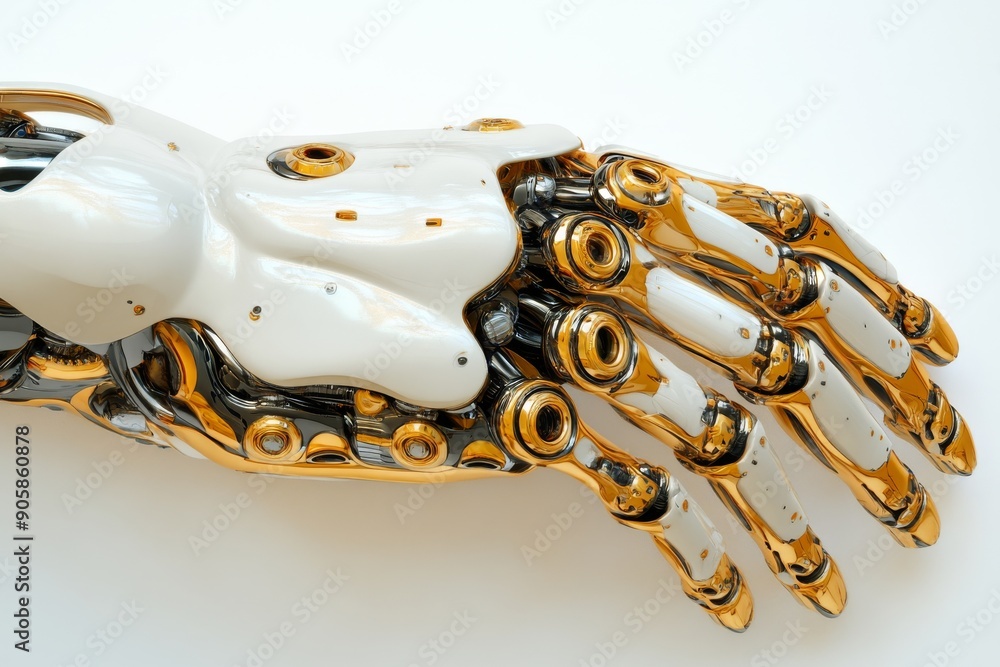 Aufkleber close-up of a robotic hand with golden details representing the precision craftsmanship and advanced