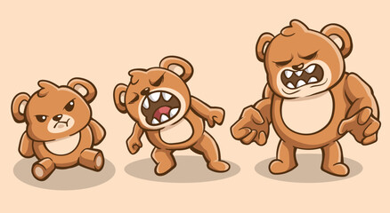 Collections illustration of a bear that is angry but looks very cute, character design, sticker design, digital design, illustration art, children illustration