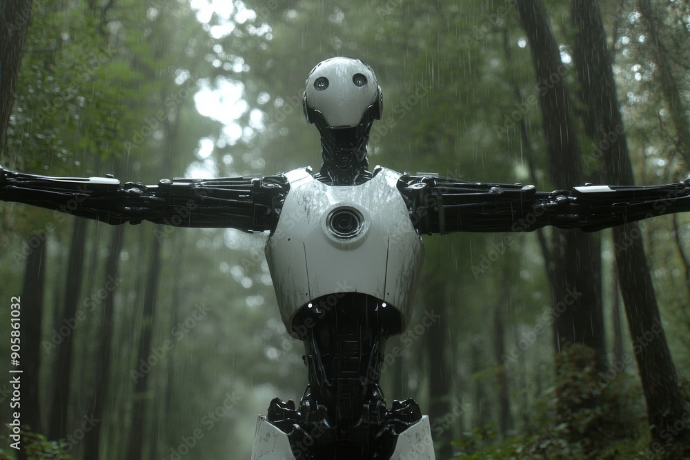 Aufkleber humanoid robot standing in a forest symbolizing the blend of technology and nature and the integrati