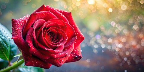 Vibrant red rose on blurred background with water droplets, floral, nature, romantic, love, beauty, blooming, botany, garden