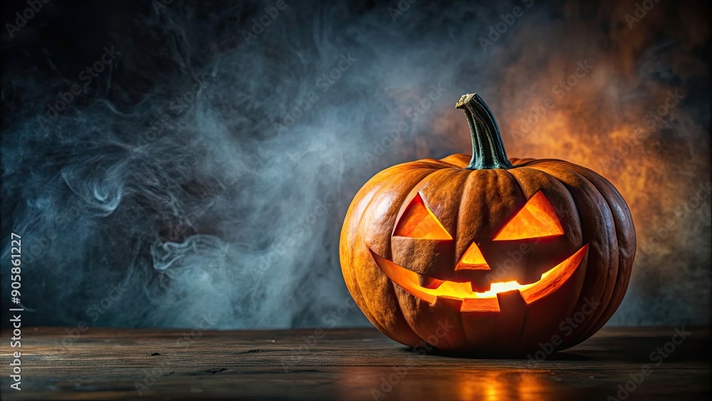 Sticker Halloween pumpkin with spooky carved face on a dark background, pumpkin, Halloween, jack-o-lantern, carved, decoration, spooky