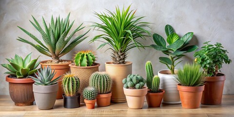 Obraz premium Various decorative plants in potted palms, palm trees, cacti, succulents, and aloe vera, potted plants, decorative