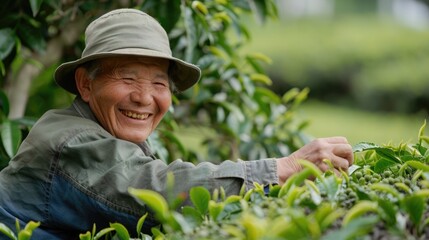 A dynamic angle raw photo of a farmer smiling while plucking tea leaves, with green foliage and fresh tea buds in the background, illustrating dedication and happiness in agricultural work