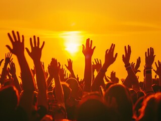 Youth culture vibes  silhouetted crowd with raised hands at summer sunset music event