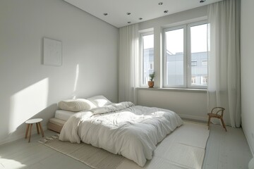 Minimal white bedroom with cozy elements and modern design