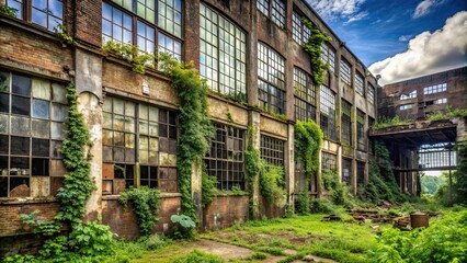 Old abandoned factory with broken windows and overgrown vegetation, abandoned, industrial, decay, ruin, desolate, empty